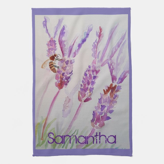 Lavender Flower Purple Watercolour and Bee Tea Tow Kitchen Towel (Vertical)