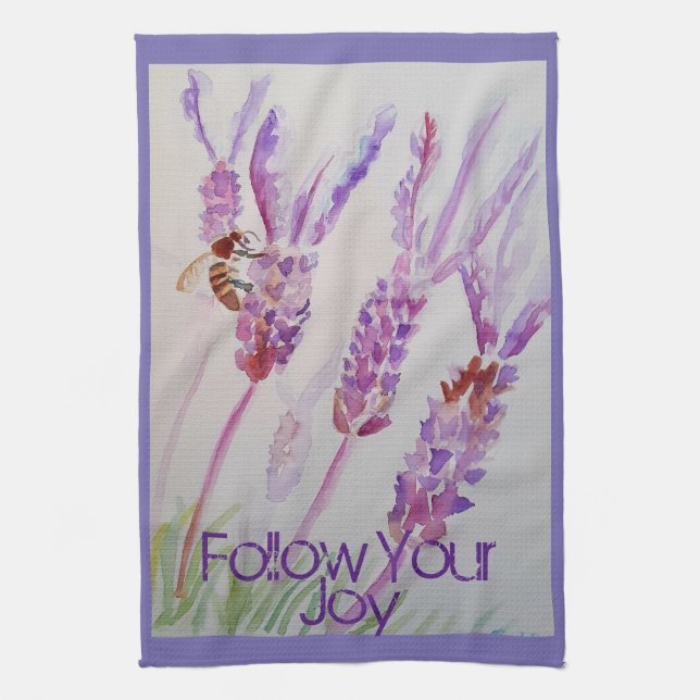 Lavender Flower Purple Watercolour Bee Follow Joy Kitchen Towel (Vertical)