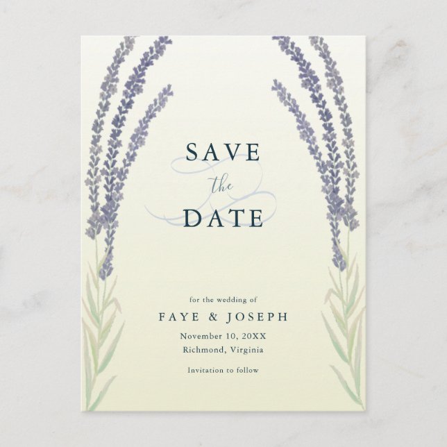 Lavender Flower Watercolor Yellow Save the Date Announcement Postcard (Front)