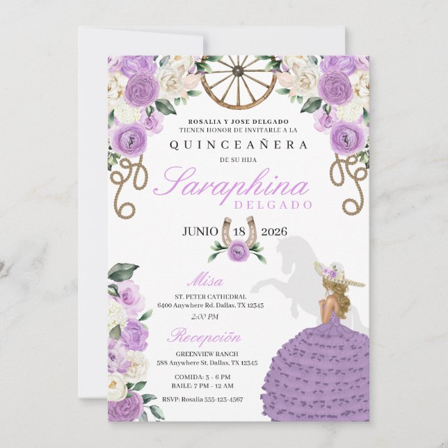 Lavender Flowers Boots & Ropes Western Quinceañera Invitation (Front)