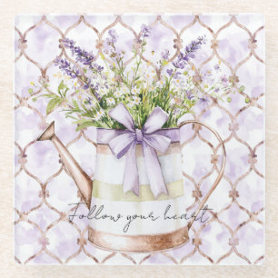 Lavender Flowers Bow Glass Coaster