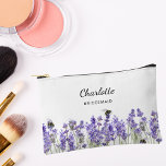 Lavender flowers bridesmaid accessory pouch<br><div class="desc">White background.  Decorated with lavender flowers and bees.
Personalize and add your bridesmaid's name.</div>