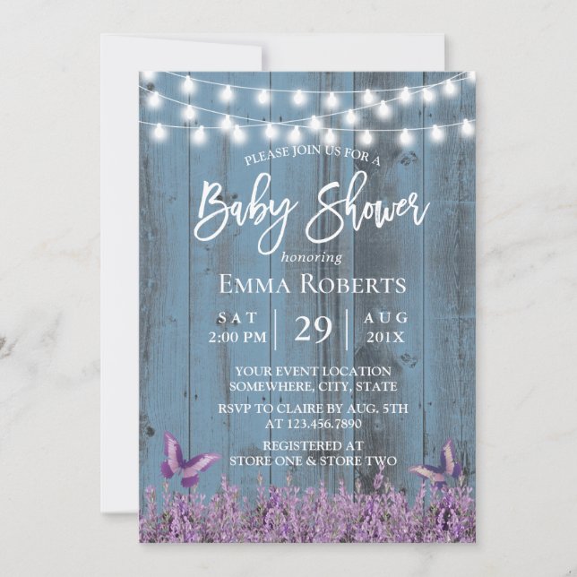 Lavender Flowers Butterfly Dusty Blue Baby Shower Invitation (Front)