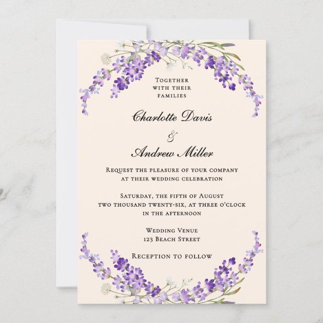 Lavender flowers champage cream wedding invitation (Front)