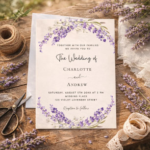 Lavender flowers champage cream wedding invitation