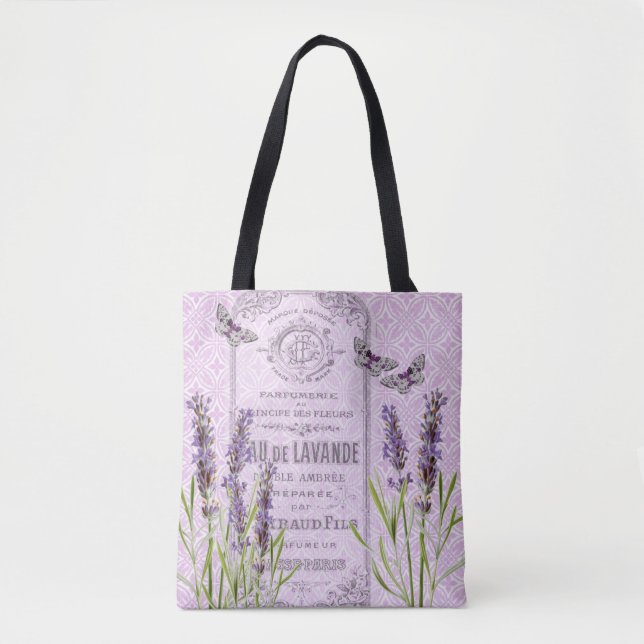 Lavender Flowers French Vintage Collage Butterfly Tote Bag (Front)