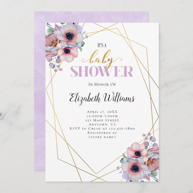 Lavender Flowers Geometric Frame Baby Shower Invitation (Front/Back)