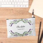 Lavender flowers greenery bridesmaid accessory pouch<br><div class="desc">White background,  black and purple text. Decorated with lavender flowers and eucalyptus greenery. 
Personalize and add your bridesmaid's name.</div>