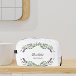 Lavender flowers greenery bridesmaid dopp kit<br><div class="desc">White background. Decorated with lavender flowers and eucalyptus greenery. 
Personalize and add your bridesmade's name.</div>