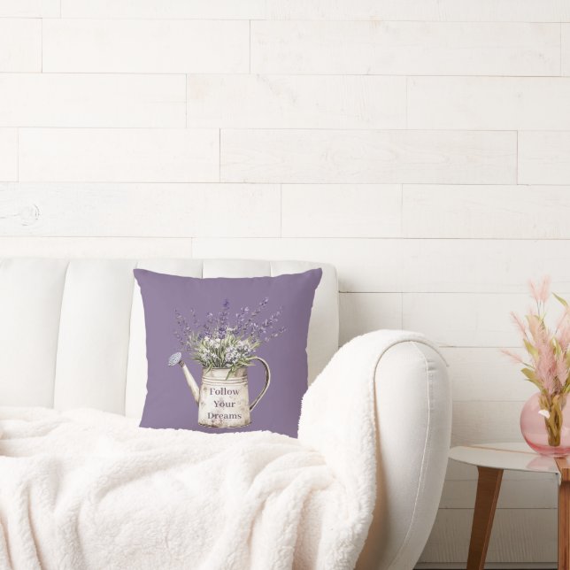 Lavender Flowers Heart Watering Can Throw Pillow (Couch)