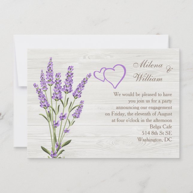 Lavender flowers, hearts on wood Engagement Party Invitation (Front)