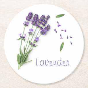 Lavender Flowers Isolated On White Background Round Paper Coaster