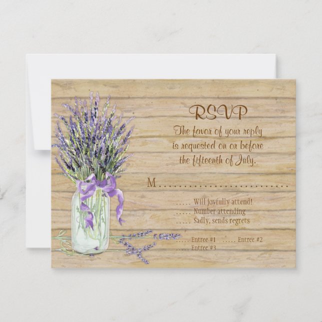 Lavender Flowers Mason Jar Watercolor Rustic Wood RSVP Card (Front)