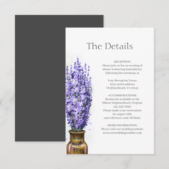 Lavender Flowers Modern Floral Wedding Details Enclosure Card (Front/Back)