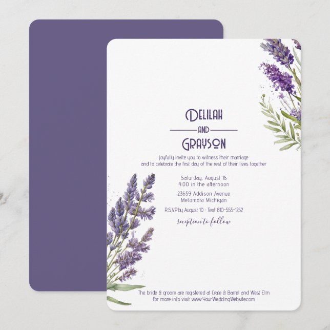 Lavender Flowers Rustic Purple Wedding Invitation (Front/Back)