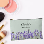 Lavender flowers sage green bridesmaid accessory pouch<br><div class="desc">Sage green background.  Decorated with lavender flowers and bees.
Personalize and add your bridesmaid's name.</div>