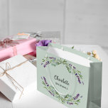 Lavender flowers sage green bridesmaid large gift bag<br><div class="desc">Sage green background. Decorated with lavender flowers and eucalyptus greenery. 
Personalize and add your bridesmade's name.</div>