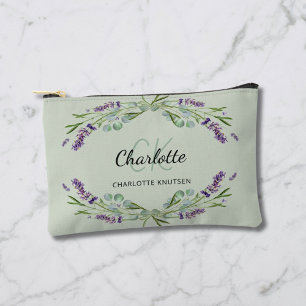 Lavender flowers sage green name monogram accessory pouch