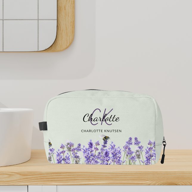 Lavender flowers sage green name monogram dopp kit (Creator Uploaded)
