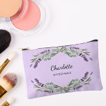 Lavender flowers violet bridesmaid accessory pouch<br><div class="desc">A violet background.  Decorated with lavender flowers and eucalyptus greenery. 
Personalize and add your bridesmaid's name.</div>