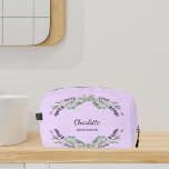Lavender flowers violet bridesmaid dopp kit<br><div class="desc">A violet background.  Decorated with lavender flowers and eucalyptus greenery. 
Personalize and add your bridesmade's name.</div>