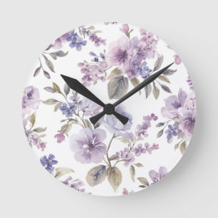 Lavender Flowers Watercolor Purple Botanical Round Clock