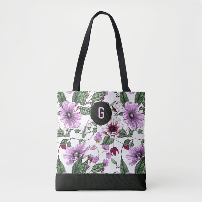 Lavender flowers with green leaves custom monogram tote bag (Front)
