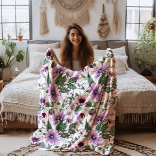 Lavender flowers with green leaves pattern fleece blanket