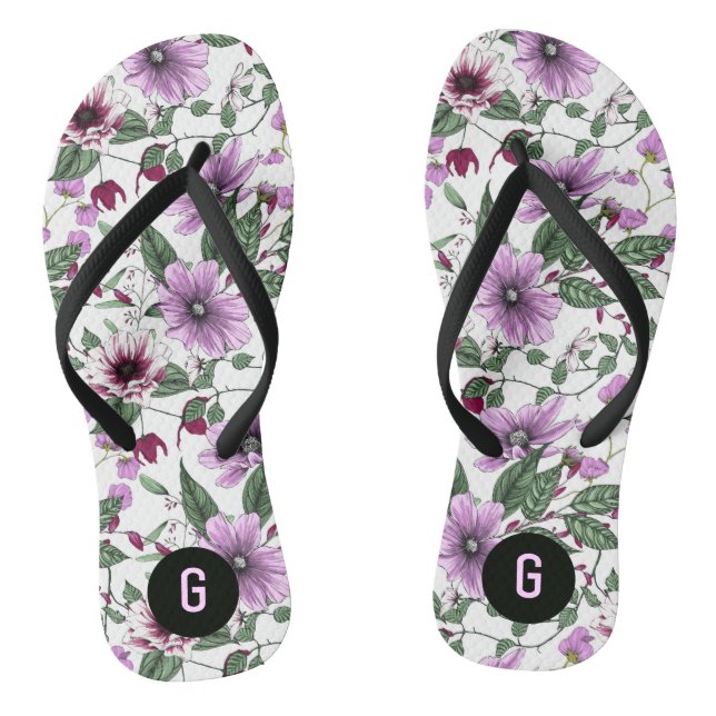Lavender flowers with green leaves pattern flip flops (Footbed)