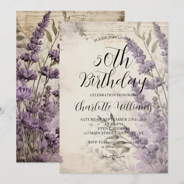 Lavender Flowers Women 50th Birthday Invitation (Front/Back)