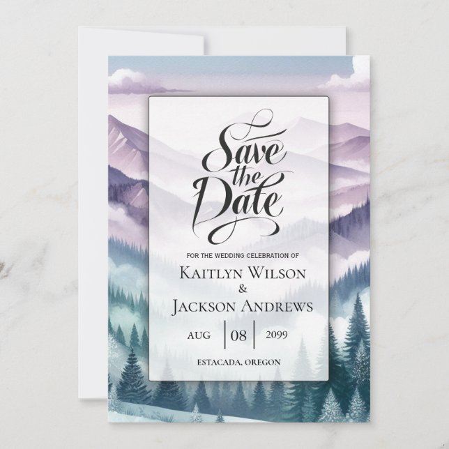 Lavender Frost in the Alpine Mist Wedding Save The Date (Front)