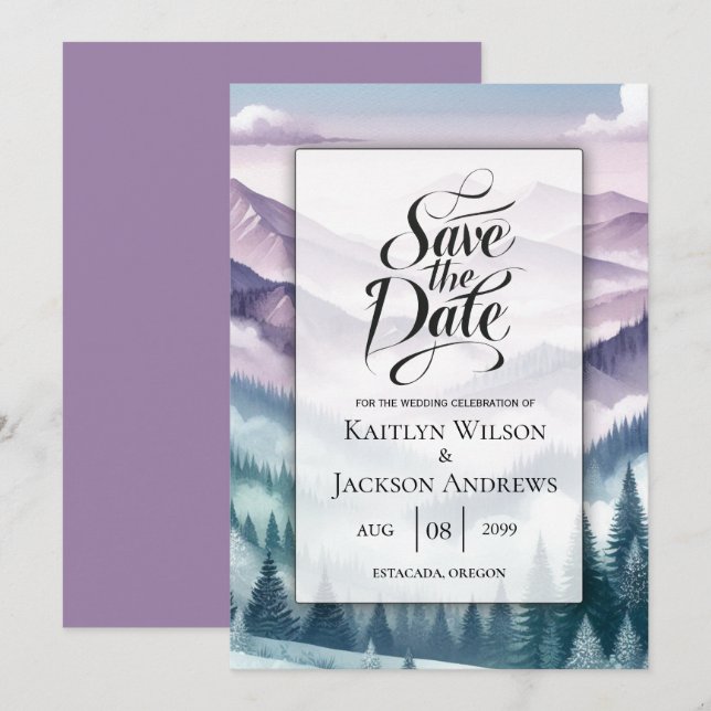 Lavender Frost in the Alpine Mist Wedding Save The Date (Front/Back)