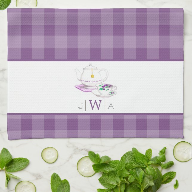 Lavender Gingham Monogrammed Tea Party Kitchen Towel (Folded)