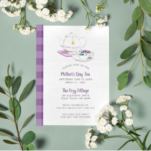 Lavender Gingham Mother's Day Tea Party Invitation
