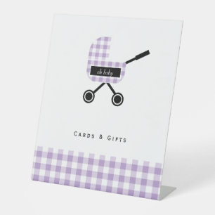 Lavender Gingham Pram Baby Shower Cards Pedestal Sign