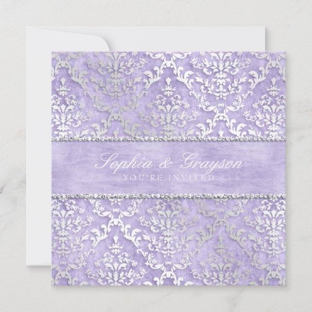 Lavender Glimmer Damask Wedding Invite (Front)