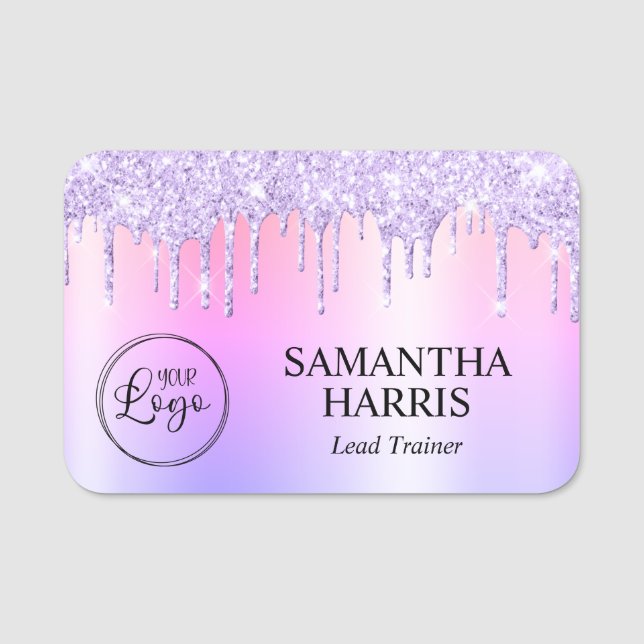 Lavender Glitter Drips Rainbow Shimmer Name Tag (Front)