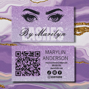 Lavender Glitter Ombre Lash Tech QR Code Scannable Business Card