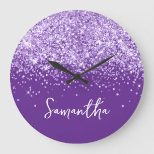 Lavender Glitter Royal Purple Script Name Large Clock