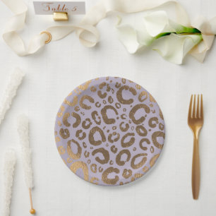 Lavender Gold Cream Glam Leopard Print Baby Shower Paper Plate