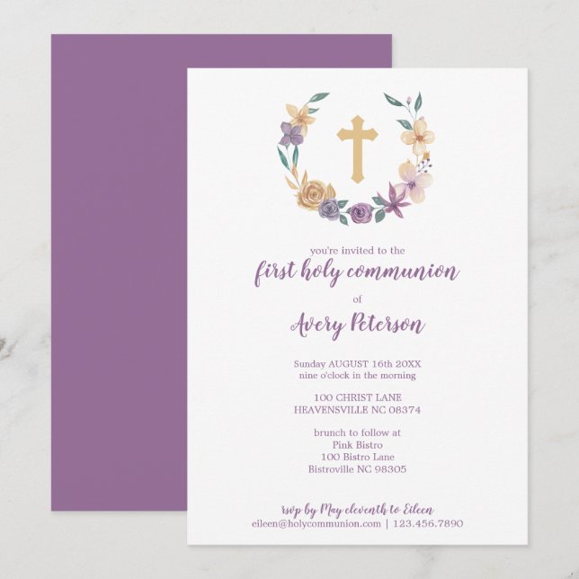 Lavender & Gold Floral Cross First Holy Communion Invitation (Front/Back)