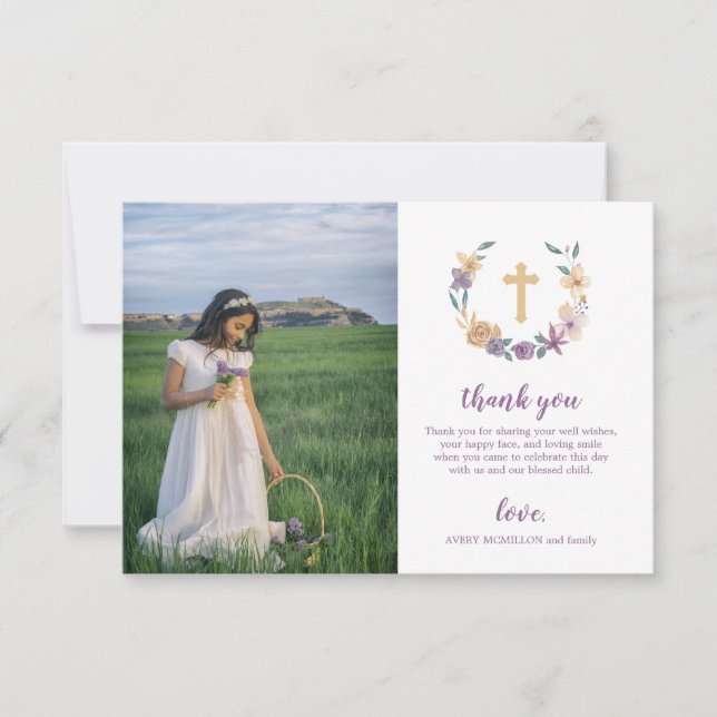 Lavender & Gold Floral Cross First Holy Communion Thank You Card (Front)
