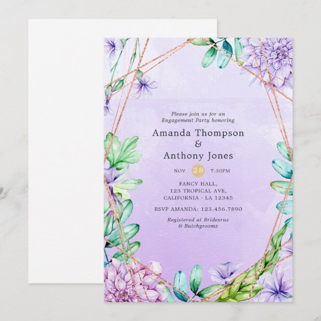 Lavender & Gold Floral Geometric Engagement Party Invitation (Front/Back)