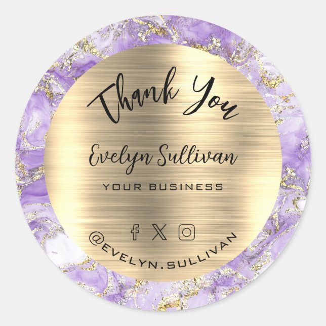 Lavender Gold Fluid Marble Thank You  Classic Round Sticker (Front)