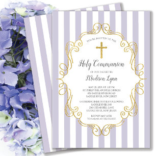 Lavender & Gold Frame First Holy Communion Invitation