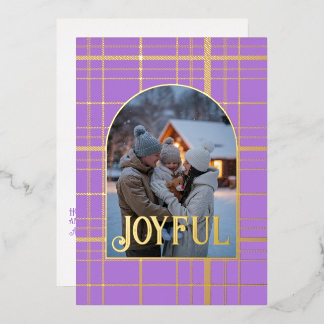 Lavender & Gold Gingham Christmas Holiday Photo (Front/Back)