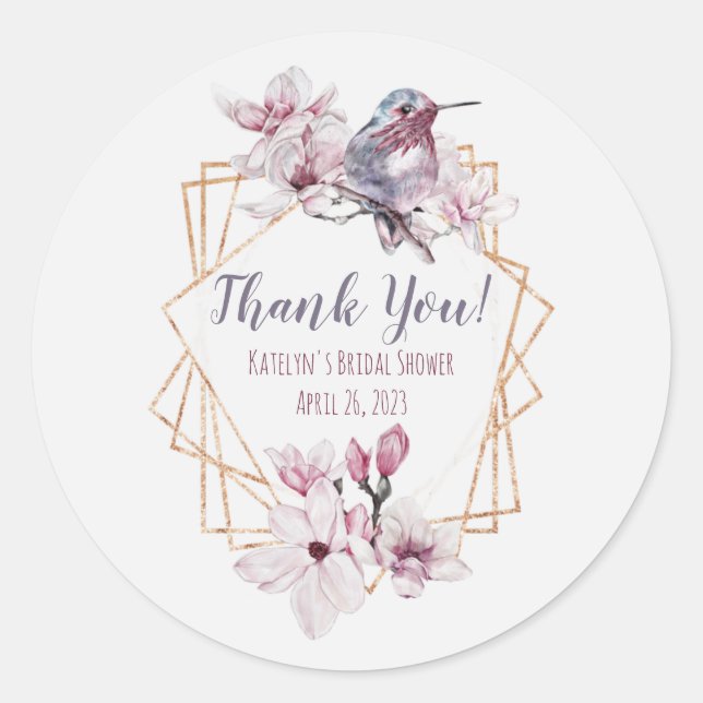 Lavender & Gold Hummingbird Themed Bridal Shower Classic Round Sticker (Front)