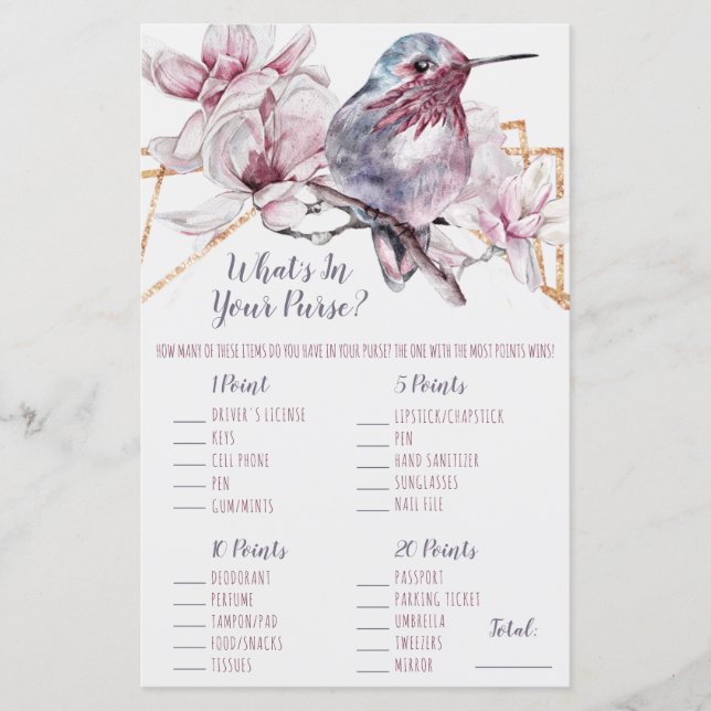 Lavender & Gold Hummingbird What's in your Purse? (Front)