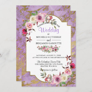 Lavender Gold Marble Floral Wedding Invitation