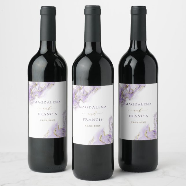 lavender gold marble wedding Wine Label (Bottles)